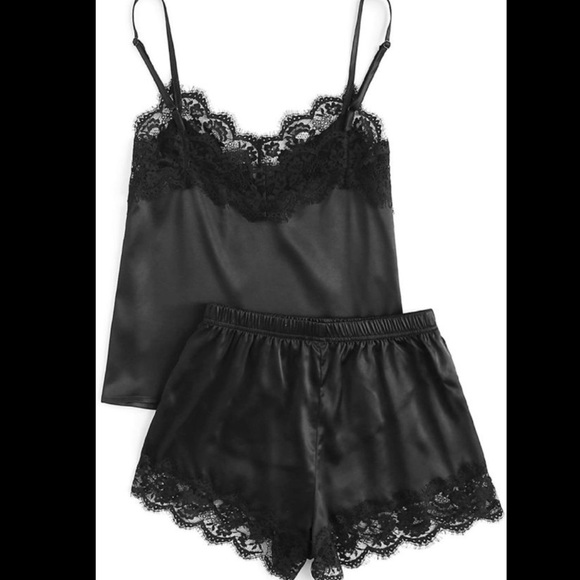 Black satin lace cami set top and bottom - Picture 5 of 14